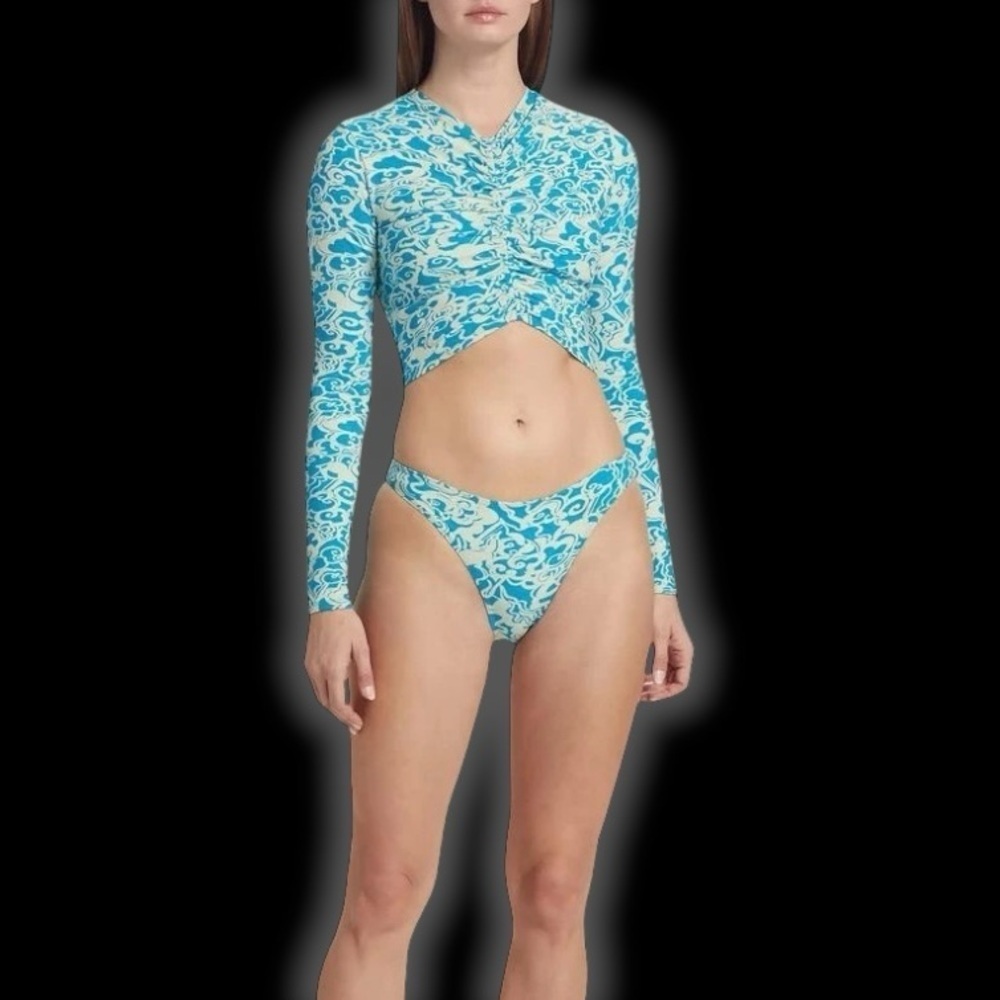 NWT A.L.C. ‘Ansel’ Long-Sleeve Ruched Detail Rashguard Swim Top in Blue & White